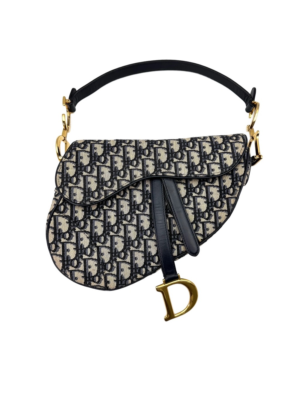 Dior Beige & Navy Oblique Saddle Shoulder Bag with Gold 'D' Charm